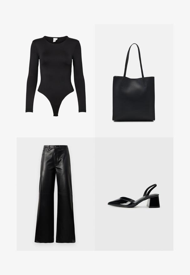 Čierny body s dlhými rukávmi vyrobený z elastického materiálu. Má okrúhly výstrih a dizajn s nohavičkami bez švov, čo zaručuje pohodlie.; Čierne vysokopriestené široké nohavice z umelého kože s predným gombíkom, zipsom, pútkami na opasok a bočnými vreckami na bielom pozadí.; Čierne lakované kožené sandálové podpätky s špicatou špičkou a geometrickým blokovým podpätkom. Disponujú elegantným, minimalistickým dizajnom a hladkým povrchom.; Čierna kožená taška na rameno s hladkým povrchom, obdĺžnikovým tvarom a dvoma dlhými uchami. Bez viditeľného kovania alebo ozdôb.