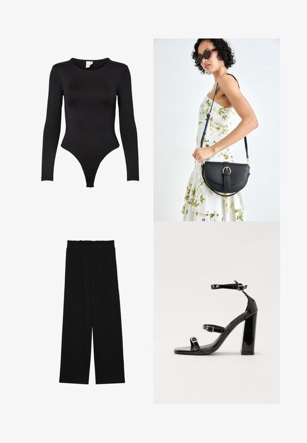 Body negru cu mânecă lungă, realizat dintr-un material elastic. Are un guler rotund și un design cu fund de tip thong, cu margini fără cusături pentru confort.; Pantaloni largi negri cu un tiv volant, cu două buzunare laterale și un material neted, ușor. Fără modele vizibile sau accesorii.; Sandale cu toc din patent negru, cu vârf pătrat, curele la gleznă și catarame din argint. Dispune de un toc gros pentru stabilitate.; Geantă din piele neagră, cu o formă curbată, curea detașabilă și accesorii aurii. Geanta are un capac cu un detaliu tip cataramă.