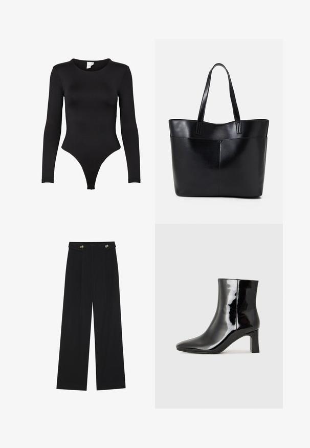 Body lungo nero in tessuto elasticizzato. Presenta un collo rotondo e un design con fondo a perizoma con bordi senza cuciture per il massimo comfort.; Pantaloni neri a gamba larga con vita alta, dettagli con bottoni in vita e pieghe frontali.; Stivaletto in pelle verniciata nera con punta a punta e tacco a blocco di altezza media. Texture liscia e design minimalista.; Borsa a tracolla in pelle nera con due manici lunghi, una texture liscia e una forma strutturata. Presenta una tasca frontale per ulteriore spazio di archiviazione.