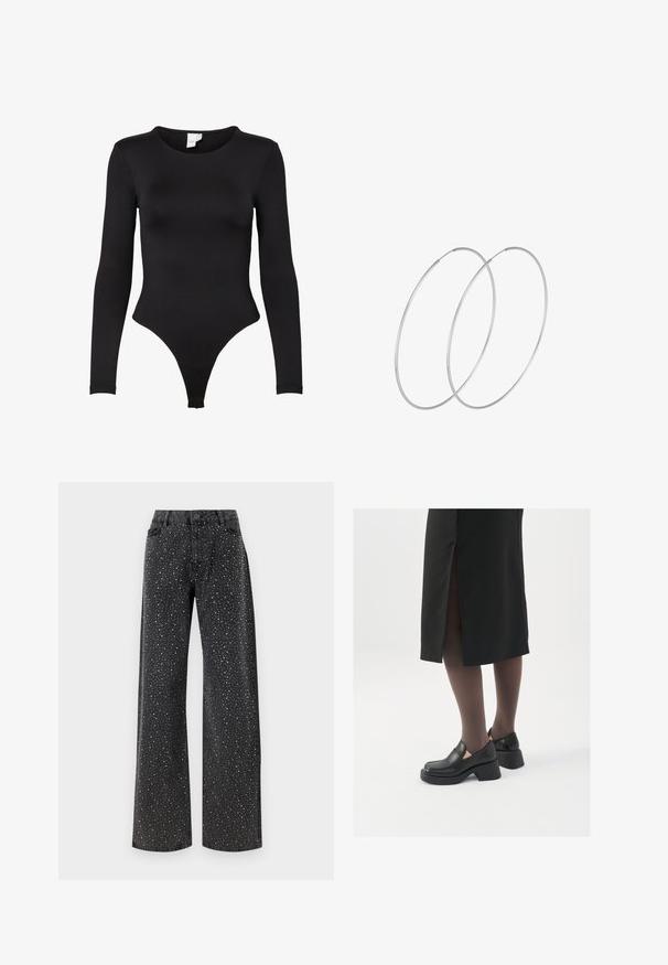 Body lungo nero in tessuto elasticizzato. Presenta un collo rotondo e un design con fondo a perizoma con bordi senza cuciture per il massimo comfort.; Noisy May NMJANNEL LOOSE - Jeans baggy - black denim; Scarpe in pelle nera con punta arrotondata, tacco spesso a blocco e accenti laterali in elastico, abbinate a collant scuri e una gonna nera con uno spacco.; Orecchini a cerchio in argento con un design minimalista. Forma circolare, superficie liscia e profilo sottile. Leggeri con una finitura lucida.