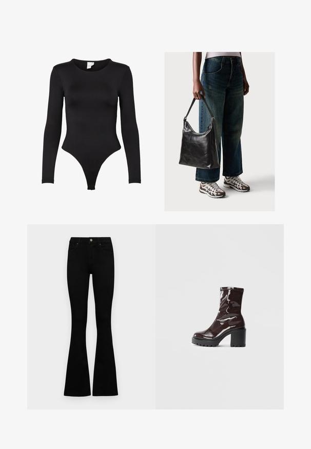 Musta pitkähiha bodysuit joustavasta kankaasta. Ominaisuuksina pyöreä kaula-aukko ja thongsuunnittelu, jossa on saumatonta reunaa mukavuutta varten.; Mustat korkeavyötäröiset farkut nappi- ja vetskariyläosalla, etutaskuilla ja levenevillä lahkeilla, asetettuna tasaisesti valkoista taustaa vasten.; Satea bordeaux berwarna mengkilap dengan tumit hitam tebal, menampilkan tekstur halus dan desain sederhana. Tanpa pengikat atau pola yang terlihat.; Musta nahkainen olkalaukku, jossa on sileä pinta ja säädettävä hihna, yhdistettynä haalistuneisiin leveälahkeisiin farkkuihin ja urheilukenkien kanssa.