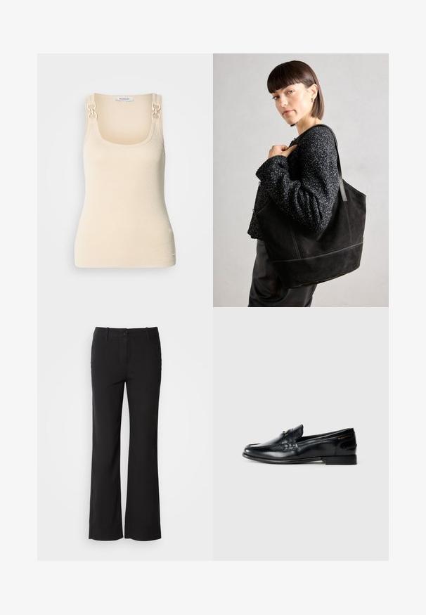 Beige ilmanhihaista toppia ribbimuotoilulla, jossa on neliönmuotoinen kaula-aukko ja koristeelliset kultasävyiset yksityiskohdat olkaimissa.; Mustat puuvillasekoitetekstiilit, jossa on suora lahje, etunappi kiinnitys ja kaksi sivutaskua. Sileä rakenne, ei näkyviä kuvioita.; Mustat nahkalootat, joissa on ommeltu kuvio, pyöreä kärki, pieni kanta ja koristeellinen remmi. Sivussa kullanvärinen logo.; Musta mokkanahkainen laukku, jossa on sileä pinta, jämäkkä muoto ja kontrastivärinen ommel. Varustettu pitkillä hihnoilla olalla kantamista varten.