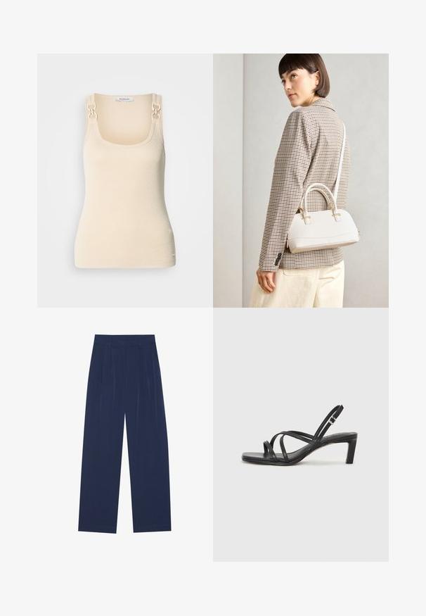 Beige mouwloze top van ribbeltextuur met vierkante halslijn en decoratieve hardware in goudkleur op de schouderbanden.; Navyblauwe wijde broek van zachte stof, voorzien van voorplooien, een gladde textuur en een rechte pasvorm zonder zichtbare zakken.; Zwarte sandaal met bandjes, vierkante teen en een lage blokhak. Voorzien van meerdere dunne bandjes en een verstelbare enkelband. Gemaakt van zacht leer.; Witte gestructureerde handtas met korte handvatten en een schouderband, voorzien van gouden hardwareaccenten en een textuurmateriaal, tentoongesteld tegen een grijze achtergrond.