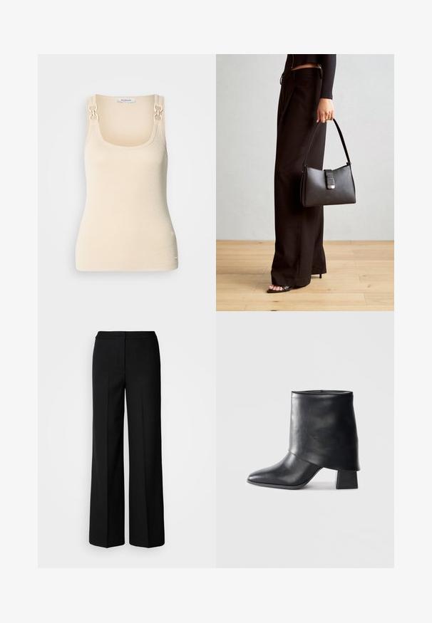 Beige sleeveless top in ribbed texture with square neckline and decorative gold-tone hardware at the shoulder straps.; Black wide-leg trousers with a smooth fabric, featuring a high waist, tailored seams, and a minimalist design. No visible hardware or pockets.; Black leather ankle boot with a pointed toe, smooth texture, and a structured block heel. Features a high, folded cuff design.; Black handbag with structured shape, smooth texture, and a metallic clasp. Paired with wide black pants and open-toe sandals on wooden floor.