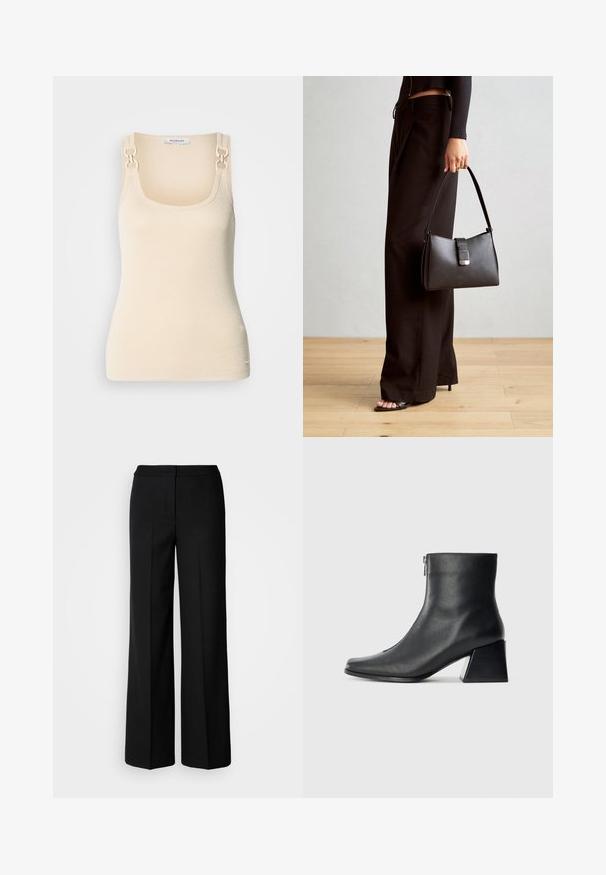 Beige sleeveless top in ribbed texture with square neckline and decorative gold-tone hardware at the shoulder straps.; Black wide-leg trousers with a smooth fabric, featuring a high waist, tailored seams, and a minimalist design. No visible hardware or pockets.; Black leather ankle boot with square toe, side zipper, and block heel against plain light background.; Black handbag with structured shape, smooth texture, and a metallic clasp. Paired with wide black pants and open-toe sandals on wooden floor.