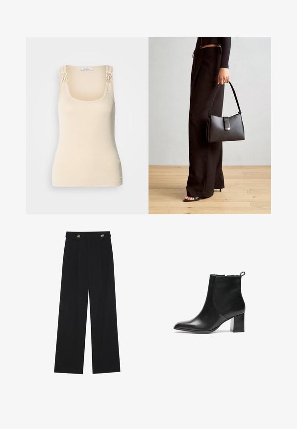 Beige ärmelloses Top in gerippter Textur mit quadratischem Ausschnitt und dekorativem Hardware in Goldton an den Schulterträgern.; Schwarze weite Hosen mit hoher Taille, Knopfdetails am Bund und vorderen Falten.; Schwarze Leder-Ankle-Boots mit runder Spitze, moderatem Blockabsatz und einer Schlaufe an der Rückseite. Glatte Textur, minimales Design.; Schwarze Handtasche mit strukturierter Form, glatter Textur und einem metallischen Verschluss. Kombiniert mit weiten schwarzen Hosen und offenen Sandalen auf einem Holzboden.