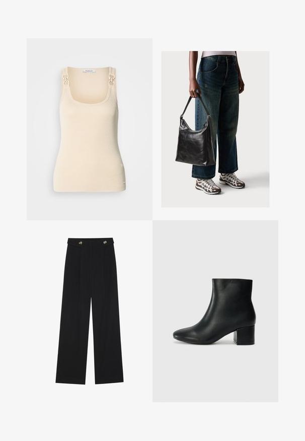 Beige mouwloze top van ribbeltextuur met vierkante halslijn en decoratieve hardware in goudkleur op de schouderbanden.; Zwarte wijde broek met hoge taille, knoopdetails op de tailleband en plooien aan de voorkant.; Zwarte leren enkellaarzen met een spitse neus en een chunky hak. Gladde textuur met minimale accenten en een slank, strakk ontwerp.; Zwarte leren schoudertas met een gladde textuur en een verstelbare strap, gecombineerd met vervaagde wijde jeans en sportieve sneakers.