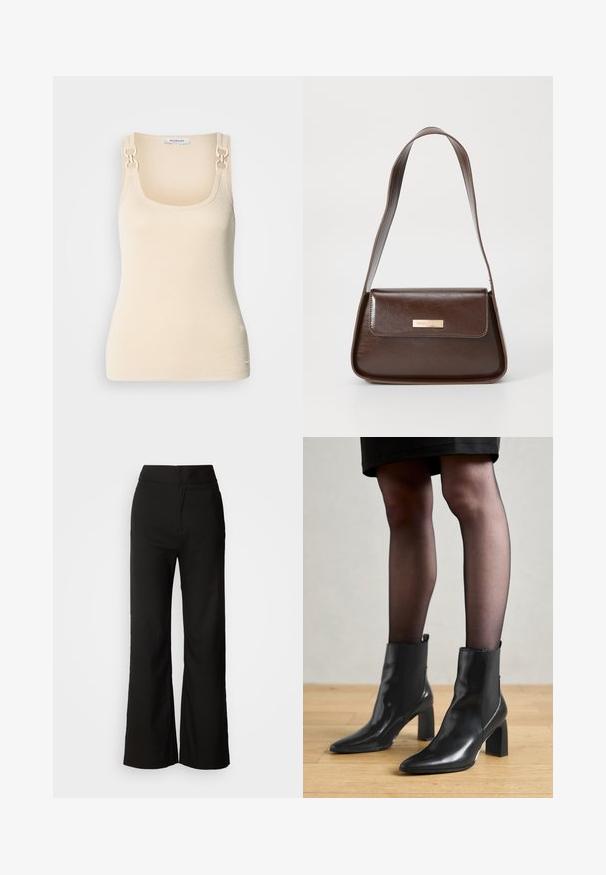 Bež brezrokaven top z rebrasto teksturo in kvadratnim izrezom ter okrasno zlatim kovinskim dodatkom na naramnicah.; Črne široke hlače z gladko teksturo, visokim pasom in čistim dizajnom. Brez vidnih žepov ali okrasnih elementov.; Črne usnjene gležnjarje s koničastim nosom, masivnim kvadratnim petam in sleek oblikovanjem. Imajo elastične stranske panele za enostavno obuvanje.; Rjava usnjena torba za ramo z urejeno obliko, ki ima magnetno zapiranje na pokrovu in kovinski logotip na sprednji strani.; Zlate obročaste uhane z teksturirano, nepravilno obliko. Imajo brezšivno zapiranje in poliširano površinsko obdelavo, kar poudarja sodoben dizajn.