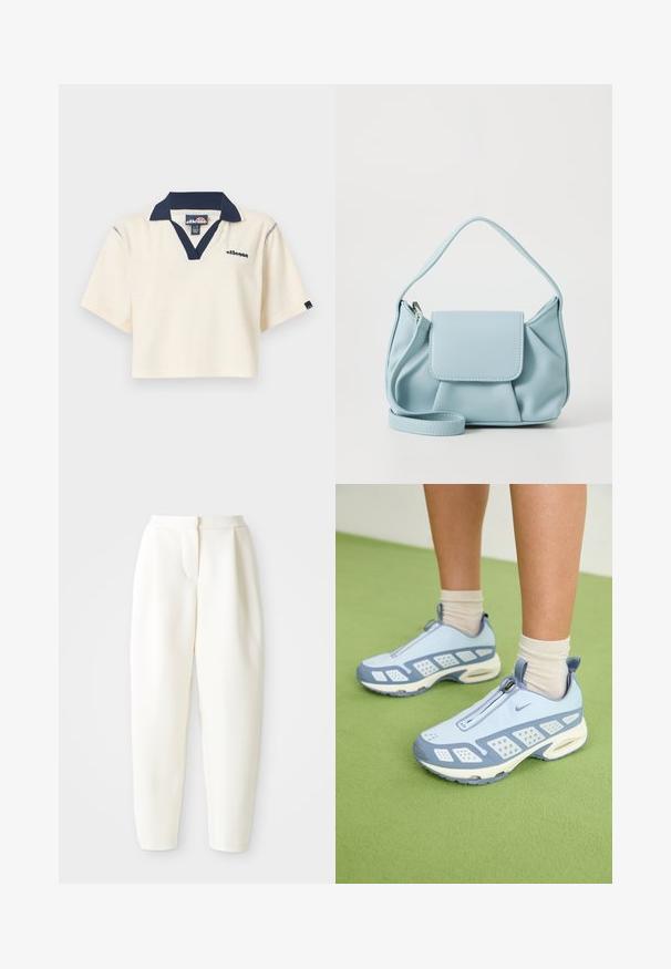 Korte ermers, kremfarget polo-skjorte laget av mykt stoff, med marineblå krage og logo på venstre bryst. Kuttet design med strukturerte kanter.; Høytlivede, smale hvite bukser med skjult frontlukking og sidelommer, vist mot en ensfarget hvit bakgrunn.; Lyseblå treningssko med hvite detaljer, strukturerte paneler og glidelås. Har en synlig luftputesåle og gummisåle.; Lys blå lærveske med topphåndtak, frontlomme med klaff og avtagbar håndleddsstropp på hvit bakgrunn.