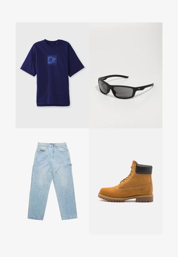 Námořnická modrá bavlněná tričko s krátkým rukávem, s modrou grafikou medvěda a textem "PENFIELD MASSACHUSETTS" v čtvercovém tvaru na přední straně.; Světle modré denimové džíny s volnějším střihem, designem s pěti kapsami a viditelným šitím. Na přední kapse se nachází značka.; Hnědé semišové kotníkové boty s černým polstrovaným límcem, zlatými kovovými očky, bílým prošíváním a odolnou gumovou podrážkou s výraznými drážkami.; Černé sluneční brýle s matným povrchem, obdélníkovými skly a výrazným logem na straně. Polarizační skla, UV ochrana.