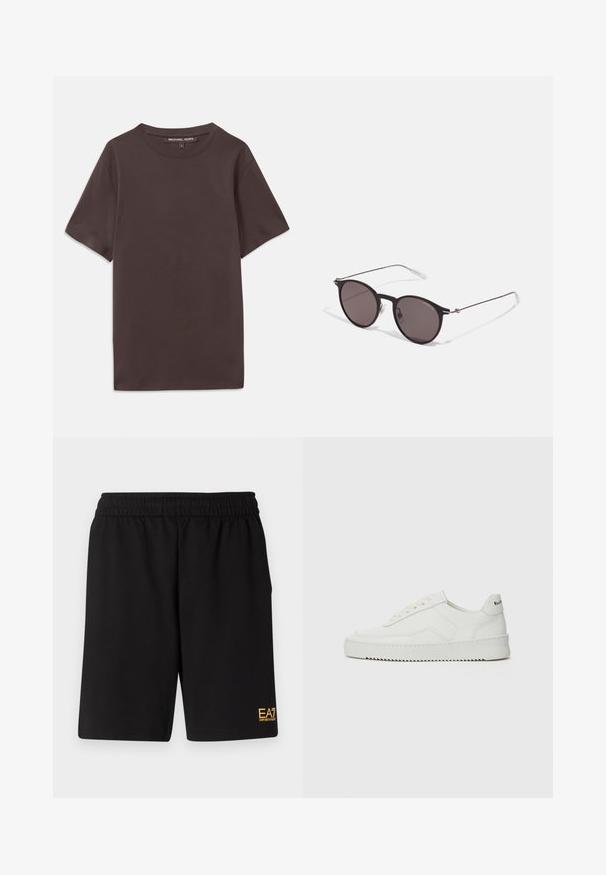 Brun kortermet t-skjorte laget av myk bomull, med rund hals og et merke ved kragen. Glatt tekstur, enkel design.; Sorte treningsshorts laget av mykt stoff, med elastisk midje og en liten gul EA7-logo nederst på venstre ben.; Hvite lærersneakers med en jevn overflate, rund tå, flate lisser og en teksturert såle. Har en subtil logo på hælen.; Sorte, runde solbriller med mørke linser og slanke metalarmer. Inkluderer klare temple tips og sølvfargede detaljer ved hengslet. Minimalistisk design.