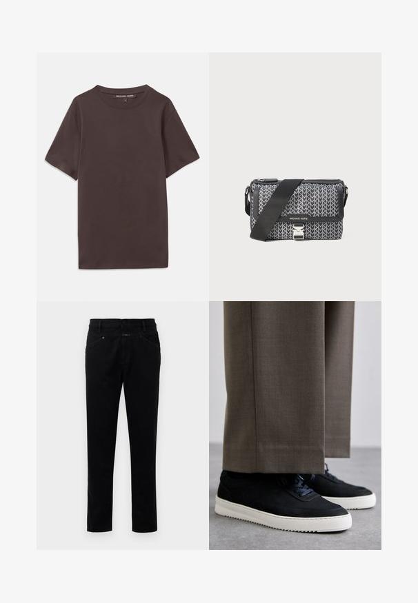 Brązowa koszulka z krótkim rękawem, wykonana z miękkiej bawełny, z okrągłym dekoltem i metką przy kołnierzu. Gładka tekstura, prosty design.; Czarne spodnie dżinsowe o prostym kroju, z zapięciem na guzik, pięcioma kieszeniami i gładką fakturą.; Czarne zamszowe sneakersy z białymi gumowymi podeszwami, z zaokrąglonym noskiem i sznurówkami, noszone z szarymi dopasowanymi spodniami.; Czarna i szara torebka na ramię z wzorem geometrycznym, z zamknięciem na zamek błyskawiczny oraz akcentami w srebrnym kolorze. Zawiera regulowany pasek.