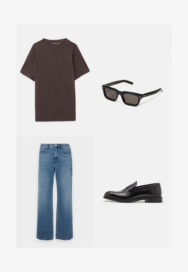 T-shirt castanho de manga curta feito de algodão macio, com um decote redondo e uma etiqueta na gola. Textura suave, design simples.; Jeans azuis de perna larga, feitos de denim com um acabamento desbotado. Apresentam cinco bolsos, um fecho frontal com botão e um corte reto.; Mocassins de couro preto com uma textura suave, bico arredondado e uma faixa decorativa sobre o peito do pé. Salto baixo e empilhado, design minimalista.; Óculos de sol retangulares pretos com lentes escuras, armação de plástico espesso, detalhes em dourado nas hastes e logotipo da marca gravado na lateral.