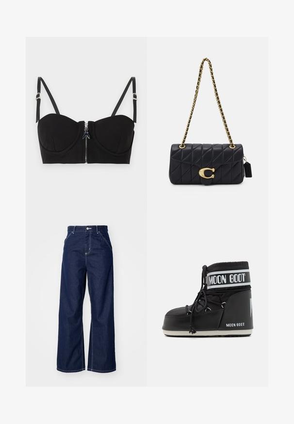 Sutien din material moale, căptușit, de culoare neagră, cu închidere frontală prin fermoar, cu bretele ajustabile. Designul include detalii fine de cusătură.; Jeansi cu picioare largi din denim albastru închis, având talie înaltă, cusuturi albe contrastante și un design tradițional cu cinci buzunare.; Cizmă neagră Moon Boot cu partea superioară căptușită, asigurată cu șireturi și o bandă albă distinctivă pe care se află logo-ul. Talpă groasă din cauciuc texturat.; Geantă neagră matlasată cu un umăr din lanț auriu, având un închizător auriu distinctiv și un etichetă mică, prezentând o suprafață din piele texturată.