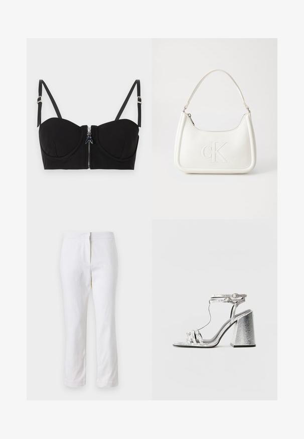 Black padded bra with a zip front closure, featuring adjustable straps and a smooth texture. The design includes subtle stitching details.; White cotton pants with a straight leg design, featuring a mid-rise waist and no visible hardware or patterns. Smooth texture throughout.; Silver heeled sandal with a block heel, featuring thin straps and an ankle buckle. The material has a metallic finish with a textured appearance.; White leather handbag with a curved shape, featuring an embossed "CK" logo on the front and a single shoulder strap. Zipper closure at top.