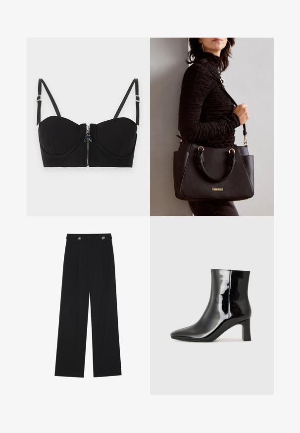 Black padded bra with a zip front closure, featuring adjustable straps and a smooth texture. The design includes subtle stitching details.; Black wide-leg trousers with high waist, button details on waistband, and front pleats.; Black patent leather ankle boot with a pointed toe and a mid-height block heel. Smooth texture and minimalist design.; Black handbag with textured surface, dual top handles, and adjustable shoulder strap. Features gold-tone hardware and side pockets.