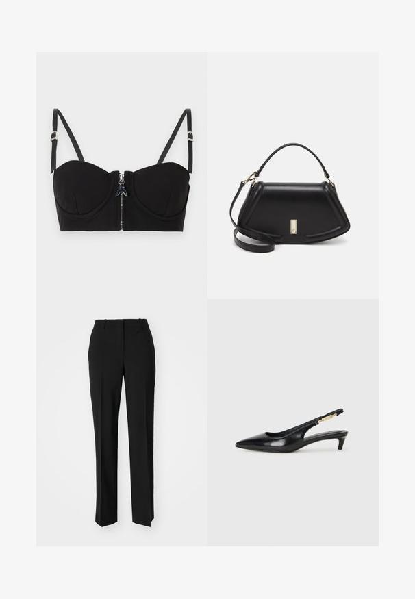 Reggiseno imbottito nero con chiusura frontale con zip, caratterizzato da spalline regolabili e una texture liscia. Il design include dettagli di cucitura sottili.; Pantaloni neri su misura con un design a gamba dritta, caratterizzati da una texture liscia e pieghe ben definite sul davanti. Senza hardware visibile.; Tacchi slingback in pelle nera con punta affusolata, caratterizzati da un tacco alto e un accento dorato sulla cinghia regolabile. Texture liscia.; Borsa a mano in pelle nera con un design strutturato, caratterizzata da una forma corta, manico superiore e accessori in metallo dorato. Inclusa tracolla regolabile.