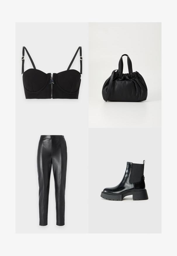 Zwarte gewatteerde bh met een ritssluiting aan de voorkant, voorzien van verstelbare bandjes en een gladde textuur. Het ontwerp heeft subtiele stikdetails.; Zwarte leren broek met een strakke pasvorm en een soepele textuur. Heeft gestructureerde naden aan de zijkanten en een tailleband voor een getailleerde pasvorm.; Zwarte enkellaarzen van glanzend leer met elastische zijpanelen, een trekband en een robuuste rubberen zool met een gestructureerd loopvlak.; Zwarte leren handtas met een geplooid ontwerp aan de bovenkant, voorzien van twee korte handvatten en een lange verstelbare schouderband. Gladde textuur, ronde vorm.