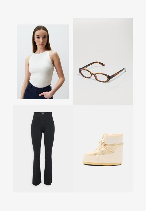 Jimmy Key SLIM FIT HALTER NECK BASIC - Top - white; Black flared leggings made from stretchy material. Features a high waistband with an angled seam detail. Smooth texture without visible logos.; Light beige Moon Boot with a rounded toe, drawstring closure, and textured rubber sole. Features white branding and smooth synthetic materials.; Tortoiseshell glasses with oval lenses, featuring a glossy finish, slim arms, and subtle patterns resembling a tiger's stripes.