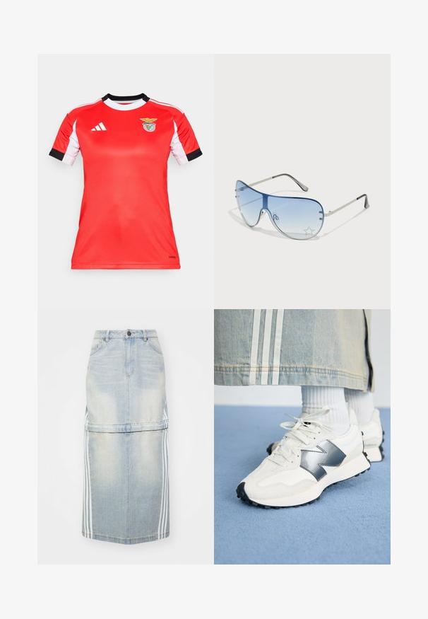 Rød atletisk trøje med korte hvide ærmer og sorte detaljer. Har Benfica-logoet på brystet. Fremstillet af åndbart stof.; Lysblå denim midi-nederdel med sidelister, en tætsiddende talje og frontlommer. Den slidte tekstur tilføjer detalje.; Hvide sportsko med sølvdetaljer, tekstureret stof og glat læder; med en sort gummisål og snørebånd.; Aviator-solbriller med gradient blå linser, sølvmetalramme og dekorative stjerneakcenter på linserne. Glat og strømlinet design.
