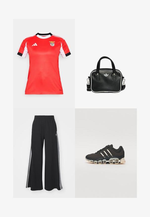 Maillot de sport rouge avec des manches courtes blanches et des accents noirs. Présente le logo du Benfica sur la poitrine. Fabriqué en tissu respirant.; Pantalons de survêtement larges noirs avec une taille élastique, présentant des rayures blanches sur les côtés et un logo brodé sur la cuisse gauche.; Chaussure de sport noire avec un dessus texturé, trois bandes argentées et une semelle amortissante distinctive comportant plusieurs sections intégrées.; Sac à main en cuir noir avec deux poignées courtes, quincaillerie argentée, accents blancs et un logo blanc. Présente une surface texturée et un design compact.