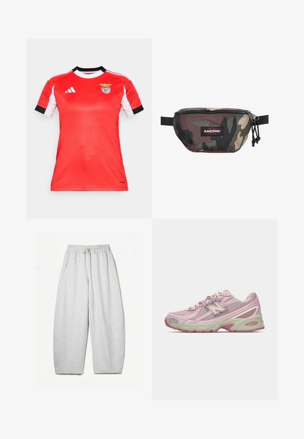 Röd atletisk tröja med korta vita ärmar och svarta accenter. Har Benficas logotyp på bröstet. Tillverkad av andningsbart tyg.; Ljusgrå sweatpants med avslappnad passform, elastiskt midjeband, dragsko och sidofickor; tillverkade av mjukt, texturerat tyg.; Rosa och beige New Balance 740-sneaker med överdel i mesh och syntetmaterial, snörning och dämpad sula, visad i sidoprofil.; Kamouflage midjeväska tillverkad av hållbart tyg, med dragkedjestängning, justerbar rem och en röd Eastpak-logotyp på framsidan.