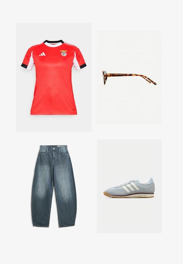 Červený športový dres s krátkymi bielymi rukávmi a čiernymi akcentmi. Na hrudi sa nachádza logo Benficy. Vyrobené z priedušného materiálu.; Svetlomodré rifľové nohavice voľného strihu majú vysoký pás, päť vreciek, jemné odtiene a akcenty stehov pozdĺž švov.; Svetlomodré semišové tenisky s bielymi tromi pruhmi, gumovou podrážkou a textúrovanou sieťovinou. Majú hladký špic a branding na päte.; Slnkové okuliare v korytnačkovom vzore s hrubým rámom, mierne zakrivenými stranami a hladkým povrchom. Majú klasický dizajn s lesklým povrchom.