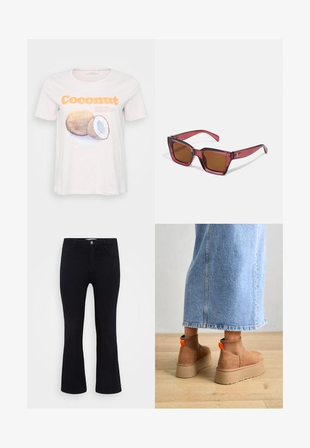 Palaidi rožinė medvilninė marškinėliai su kokosų grafika ruda ir mėlyna spalvomis, o tekstas "Kokosas" išryškintas ryškiai oranžine spalva. Trumpomis rankovėmis, apvaliu iškirpimu.; ONLY Carmakoma CARTHUNDER PUSH UP - Platėjantys džinsai - black denim; Rudos zomšiniai platforminiai batai su elastingomis šoniniais panirais ir oranžinėmis kilpomis, derinami su kelio ilgio šviesių džinsų sijonu ant medinių grindų.; Raudonais atspalviu nudažyti kvadratiniai akiniai nuo saulės su rudieminčiomis lęšiais. Pagaminti iš skaidraus plastiko. Išsiskiria ryškiu kampuotu dizainu ir subtiliu ženklinimu ant šventyklos.