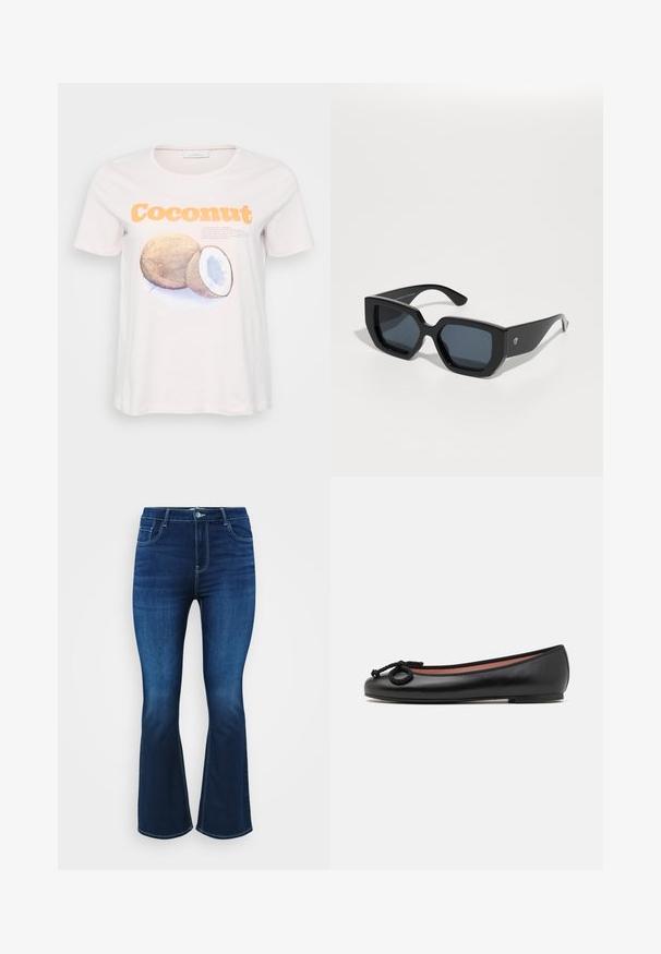 Light pink cotton t-shirt featuring a coconut graphic in brown and blue, with "Coconut" text in bold orange. Short sleeves, round neckline.; Dark blue flared jeans made from denim, featuring five-pocket design, zip fly with a button, and contrasting stitching along the seams.; Black leather ballet flat with a round toe, features a decorative bow and smooth texture. Minimalist design with a low, flat sole.; Black oversized sunglasses with a geometric design, rectangular lenses, and glossy finish. No visible branding on the front.; Gold hoop earrings featuring a smooth, rounded design with a shiny finish. Lightweight construction with a secure clasp closure.