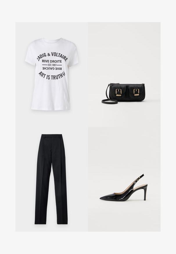 Hvid bomulds T-shirt med fede sorte bogstaver, der viser brandnavn, placering, etableringsdato og slogan i et cirkulært layout. Rund halsudskæring.; Sorte bukser lavet af glat stof, der har høj talje, brede ben, frontfolder og klassiske bælteløkker. Ingen synlige sidelommer.; Sort patenteret læder slingback stiletto med spids tå, slank hæl og et subtilt udskæringsdesign. Har en gylden spænde på remmen.; Sort læder crossbody taske med to frontlommer, guldspænder, lynlåslukning og en slank rem. Struktureret overflade og kompakt rektangulær form.