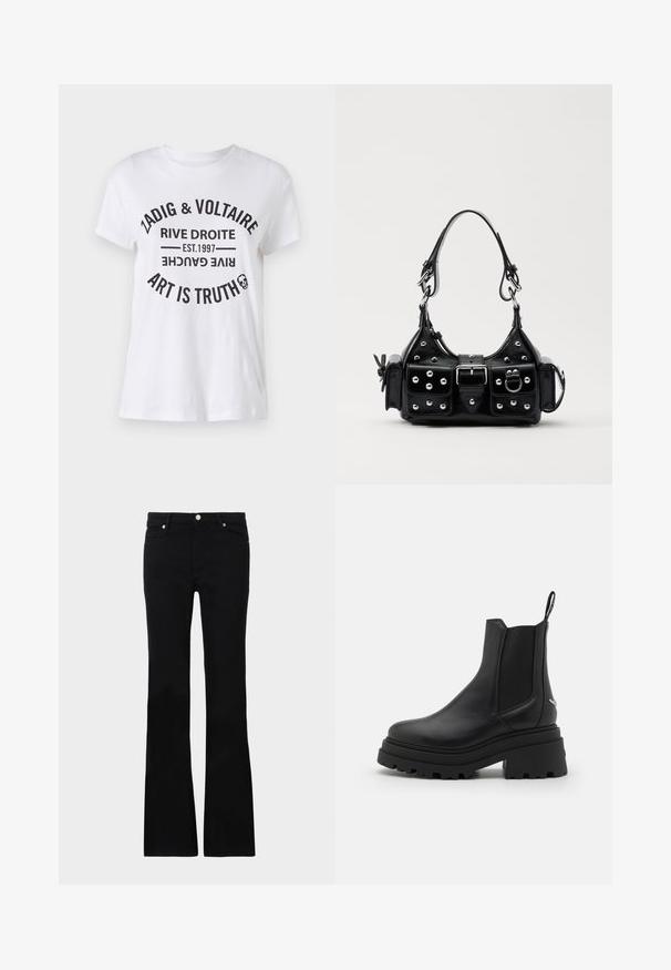 Camiseta de algodón blanca con texto negro en negrita que incluye el nombre de la marca, la ubicación, la fecha de establecimiento y el eslogan en un diseño circular. Cuello redondo.; Pantalones vaqueros de talle ancho en negro, confeccionados en denim, con dos bolsillos frontales, cierre de botón y una textura suave. Costuras distintivas visibles en las costuras.; Botas Chelsea negras de cuero liso con paneles laterales elásticos, suela de goma gruesa y estriada, y una lengüeta en la parte trasera.; Bolso de mano de cuero negro con un diseño curvado, que cuenta con tachuelas plateadas, una hebilla y dos bolsillos laterales. Correa ajustable para opciones de transporte.