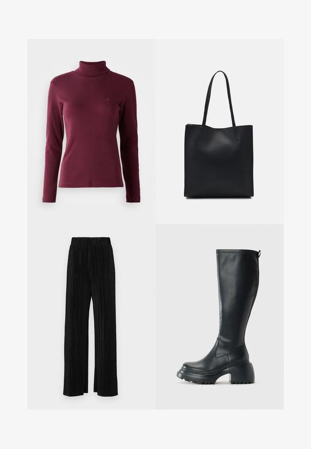 Maglione a collo alto bordeaux con maniche lunghe, realizzato in tessuto a coste, caratterizzato da un design aderente e un piccolo logo ricamato sul davanti.; Pantaloni neri a plissé con vita elasticizzata. Presentano gamba ampia e un tessuto liscio e texture con strisce verticali.; Stivale lungo in pelle nera con suola piatta robusta e tacco a blocco, dotato di linguetta e battistrada testurizzato sulla suola.; Borsa tote in pelle nera con texture liscia, forma rettangolare e due manici lunghi. Nessun hardware o decorazione visibile.