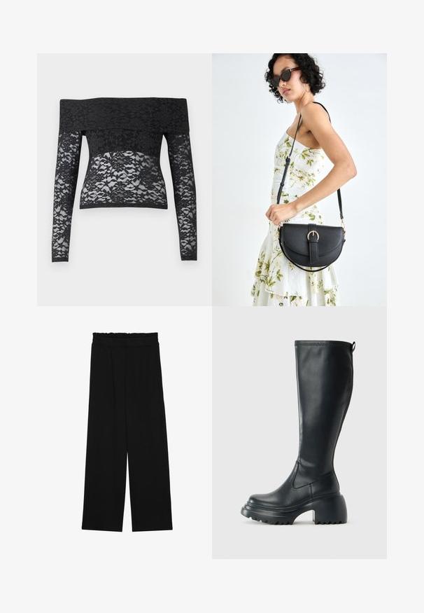 Juodas nėriniuotas ilgomis rankovėmis viršus su pečių nuleidimo dizainu. Puošia gėlių raštai ir pusiau permatoma tekstūra.; Juodi platūs kelnes su volaniniu juosmeniu, turinčiu dvi šonines kišenes ir glotnią, lengvą medžiagą. Nėra matomų raštų ar detalių.; Ilgas juodos odinės batai su masyvi platforma ir stačiakampiu kulnu, turintys traukimo kilpą ir tekstūruotą pado raštą.; Juodas odinis krepšys su išlenkta forma, nuimamu dirželiu ir auksiniais detalėmis. Krepšys turi kilpą su sagtimi.