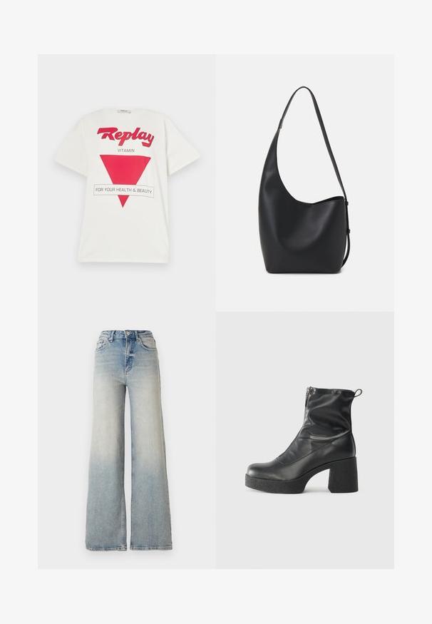 White cotton t-shirt with short sleeves, featuring a red "Replay" logo, a red triangle graphic, and the text "FOR YOUR HEALTH & BEAUTY."; Light blue wide-leg jeans made of denim, featuring a high waist, five pockets, and visible stitching along the seams.; Black ankle boots made of smooth leather, featuring a side zipper, chunky textured heel, and rounded toe design.; Black leather hobo bag with a smooth texture, curved shape, and single adjustable strap; features a wide opening at the top.