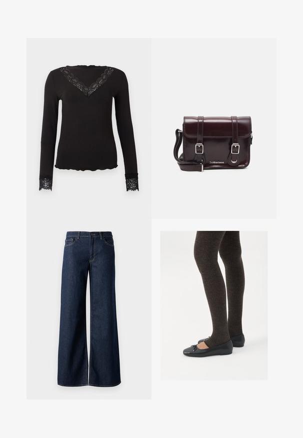 Musta pitkähihainen paita, jossa on pitsinen V-pääntie ja pitsiset hihansuut, aaltoileva helma ja tiukka siluetti yksinkertaisella taustalla.; Suorat lahkeet farkut tummansinisestä denimmistä. Ominaisuuksiin kuuluvat kontrastiväriset ompeleet, viisi taskua ja nappisuljenta vyötäröllä. Sileä pinta.; Mustat matalat kengät, joissa on pieni nauha varpaissa, yhdistettynä tummanruskeisiin ribattuisiin sukkahousuihin. Kengissä on sileä pinta ja matala profiili.; Burgundin värinen lakattu nahkainen olkapussukka, jossa on suorakulmainen muoto, kaksi hihnaa, hopeiset yksityiskohdat ja läppäkiinnitys.