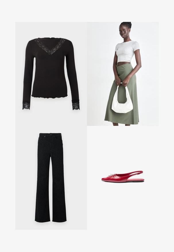 Schwarzes Langarmoberteil mit Spitzen-V-Ausschnitt und Spitzenbündchen, gewellter Saum, figurbetonte Silhouette auf einfarbigem Hintergrund.; Schwarze hochgeschnittene Jeans mit dezentem Leopardenmuster, geraden weiten Beinen, vorderem Knopf und Taschen.; Rote Leder-Slingback-Ballerina mit spitzem Zehenbereich und dekorativem Schnürdetail an der Vorderseite, ausgestattet mit einem schmalen Knöchelriemen und flachem Fußbett.; Grauer gerippter Croptop und olivgrüner Rock mit hoher Taille. Das Modell hält eine weiße Schultertasche mit Ausschnittdetails. Schlichte Gestaltung, taillierte Silhouette.