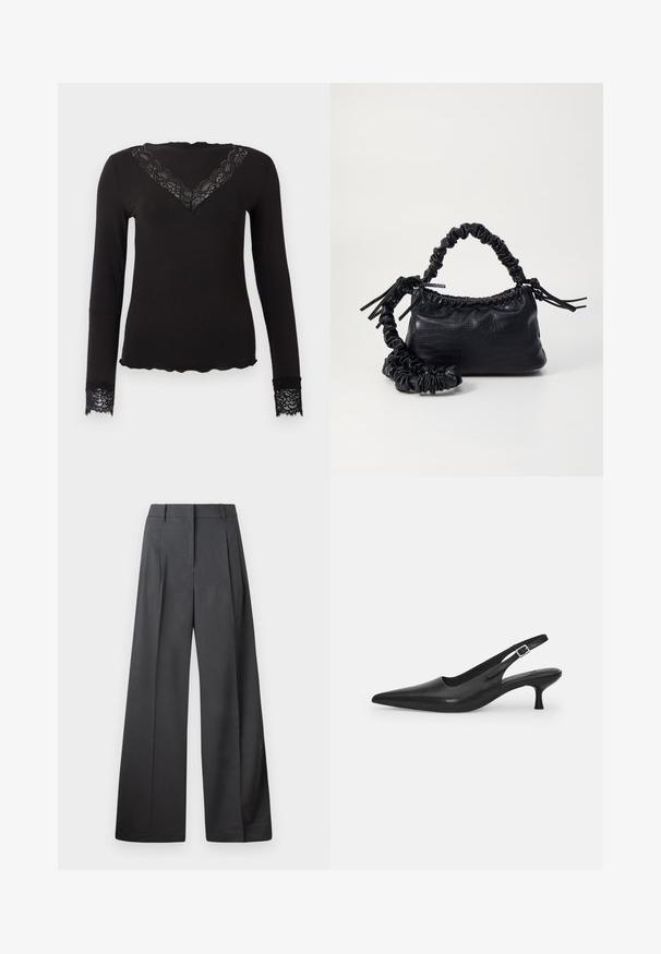 Black long-sleeve top with lace V-neckline and lace cuffs, scalloped hem, fitted silhouette on plain background.; Wide-leg trousers in dark gray fabric, featuring a high waist, single pleats, and a smooth texture with a clean finish at the hems.; Black leather slingback shoe with a pointed toe and a slim, curved heel. Features a discrete adjustable strap with a metal buckle.; Black faux leather handbag with a crocodile texture, cinched top, and a scrunched strap. Appears soft and compact in design.
