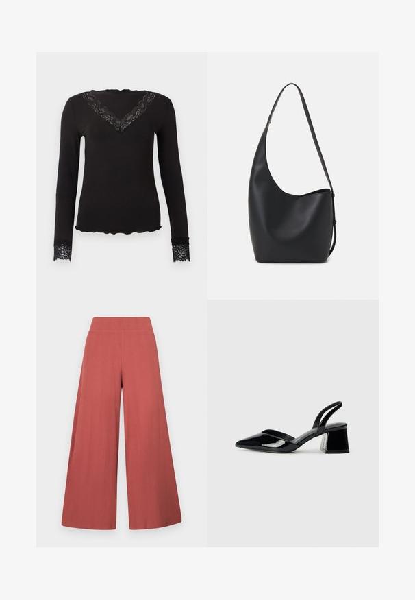 Črna dolgimi rokavi majica z čipkastim V-izrezom in čipkastimi manšetami, valovit rob, prilegajoča silhueta na enobarvni podlagi.; Hlače širokih hlačnic v rjavi barvi, narejene iz teksturirane tkanine z navpičnim rebrastim vzorcem. Imajo visok elastičen pas.; Črne lakirane slingback pete s koničastim nosom in geometrijsko blokasto peto. Imajo eleganten, minimalističen dizajn in gladko teksturo.; Črna usnjena hobo torba z gladko teksturo, ukrivljeno obliko in eno nastavljivo naramnico; ima širok odprtina na vrhu.