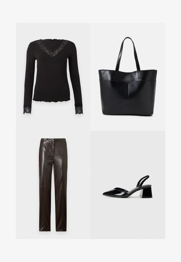 Svart långärmad topp med spets V-ringning och spetsmanschetter, vågig nederkant, figurnära silhuett på enfärgad bakgrund.; Mörkbruna raka läderbyxor med en slät yta och subtila sömnadsdetaljer längs framsidan.; Svarta lackläder slingback klackar med spetsig tå och geometrisk klack. Har en elegant, minimalistisk design och slät yta.; Svart läder tote-väska med två långa handtag, en slät yta och en strukturerad form. Har en framficka för extra förvaring.