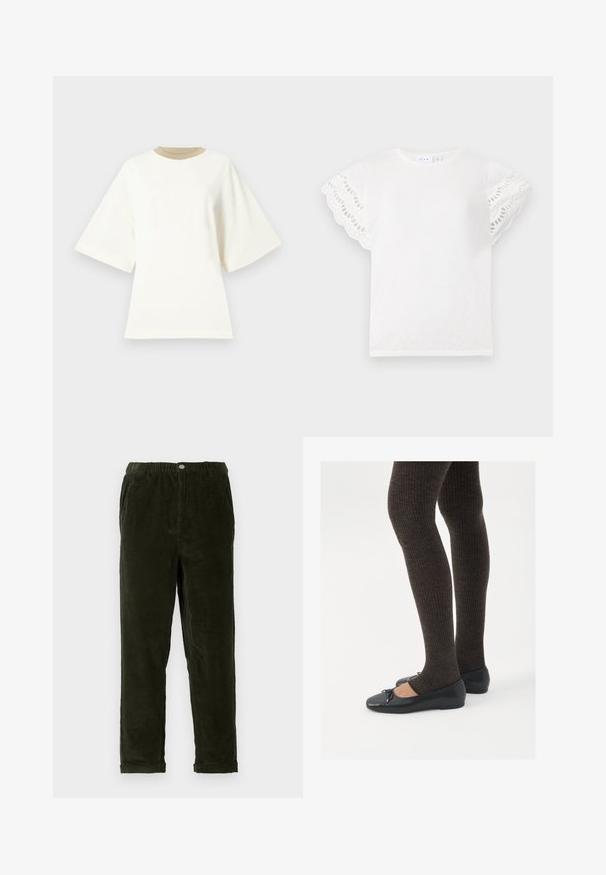 Oversized white cotton t-shirt with a rounded tan neckline and short sleeves, featuring a smooth, soft texture.; White t-shirt with short, scalloped sleeves featuring eyelet cutouts. Soft fabric, round neck, and simple design with no additional embellishments.; Dark green corduroy pants with a textured finish, featuring an elastic waistband, front pockets, and tapered legs.; Black flat shoes with a small bow detail at the toe, paired with dark brown ribbed tights. Shoes have a smooth texture and low profile.