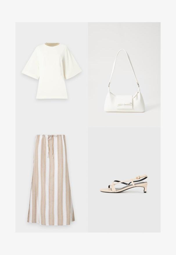 Túlméretezett fehér pamut póló lekerekített bézs nyakkivágással és rövid ujjal, sima, puha textúrával.; Csíkos szoknya fehér és világosbarna színekben, húzózsinóros derékkal és hosszú, bájos ráncolással. Könnyű anyagból készült, laza szabással.; Beige bőr női szandál, keresztpántos kialakítással, alacsony sarokkal és fekete kiegészítőkkel. Simogató tapintás és minimál stílus.; Fehér szintetikus kézitáska, háromszög alakú, lapos előlap, masni részlettel, állítható pánttal, sima textúrával és minimalista dizájnnal.