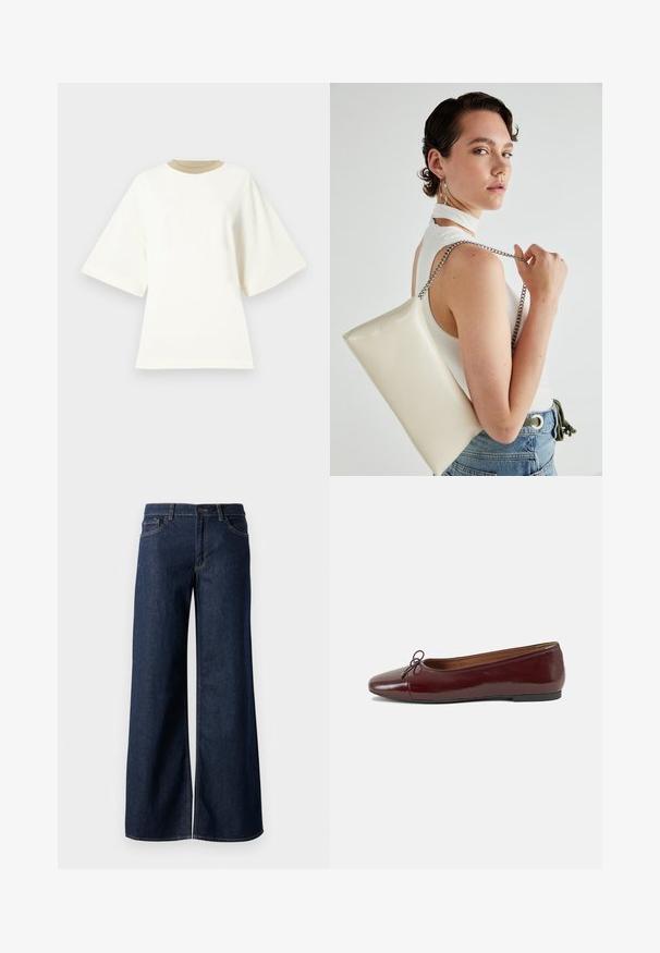 T-shirt in cotone bianco oversized con collo tondo color sabbia e maniche corte, caratterizzato da una texture liscia e morbida.; Jeans a gamba larga in denim blu scuro. Presentano cuciture a contrasto, cinque tasche e una chiusura con bottone in vita. Texture morbida.; Ballerine in pelle verniciata bordeaux con punta arrotondata, piccolo fiocco decorativo sulla parte anteriore e suola bassa in gomma nera. Texture liscia.; Borsa a pochette rettangolare bianca realizzata in materiale lucido, con una tracolla in catena argentata. Il modello posa, mostrando la borsa su uno sfondo semplice.