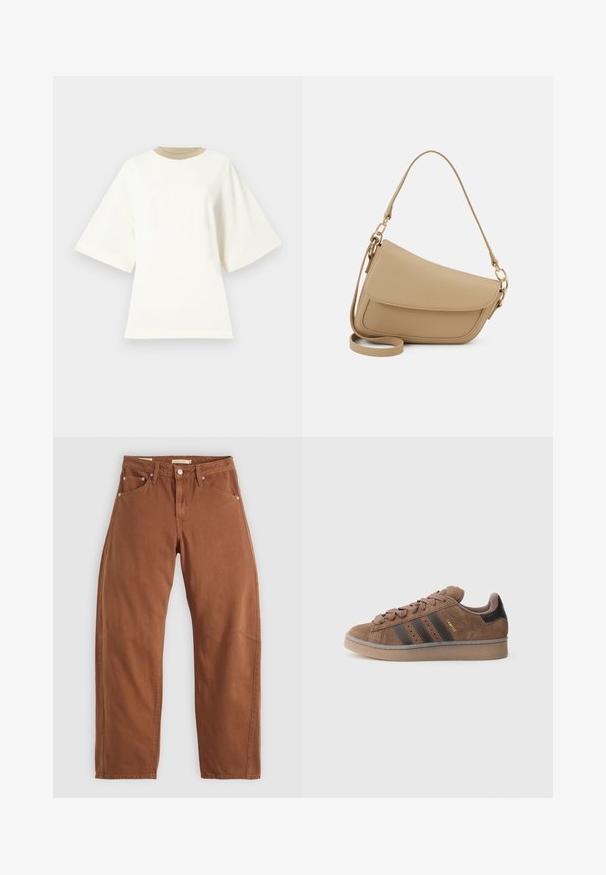 Oversized white cotton t-shirt with a rounded tan neckline and short sleeves, featuring a smooth, soft texture.; Rust brown straight-leg jeans with front and back pockets, metal rivets, button closure, and belt loops, laid flat on a white background.; Brown suede sneaker with three dark stripes, textured lace-up front, and a contrasting black heel. Features a rubber sole and gold branding.; Even&Odd Handbag - beige