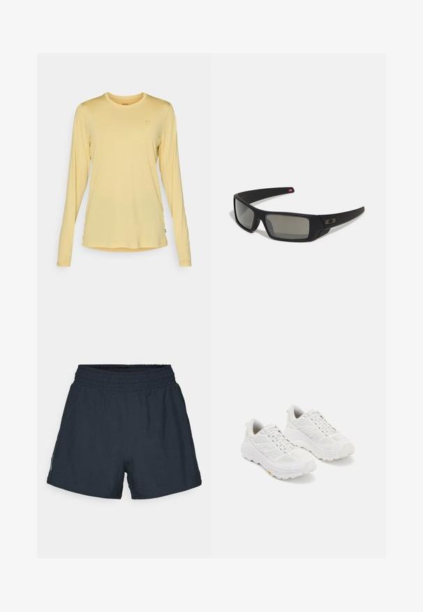 Majica s dugim rukavima u svijetložutoj boji, izrađena od mekanog materijala. Ima zaobljen izrez i diskretni logo detalj na prsima. Glatka tekstura.; Tamno plave atletske kratke hlače od lagane tkanine. Elastičan pojas, slobodan kroj, bez vidljivih džepova ili uzoraka.; Bijeli atletski tenisice s mrežastim gornjim dijelom, ojačanim nožnim prstom, debelim uljanom potplatom i teksturiranim uzorkom gaznog sloja za bolje prianjanje.; Crne sunčane naočale s mat površinom, pravokutnim staklima, blagim zakrivljenjima na sljepoočnicama, suptilnim logotipom i dimnim staklima.