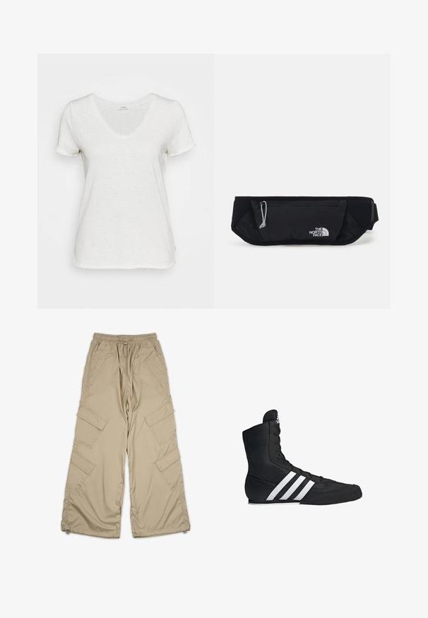 Bijela V-neck majica od mekanog, teksturiranog materijala. Kratki rukavi i opušteni kroj bez vidljivih uzoraka ili naglašavanja.; Bež cargo hlače s povlačnom strukom, višestrukim bočnim džepovima i opuštenim krojem. Izrađene su od lagane, glatke tkanine s detaljima šivanja.; Crna visoka atletska cipela s teksturiranim tekstilnim gornjim dijelom, s tri bijele pruge i dizajnom s vezicama sprijeda. Ravni gumeni potplat na dnu.; The North Face SUNRISER RUN BELT UNISEX - Pojasna torbica - black/white