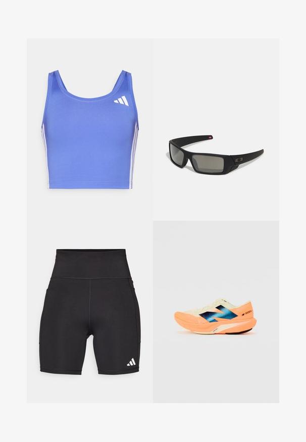 Sujetador deportivo azul claro hecho de tela elástica, con un escote redondo, tirantes anchos y rayas laterales blancas con un logo en la parte superior izquierda.; Pantalones cortos deportivos negros hechos de tela elástica. Cintura alta, largo hasta midi muslo, con logo de tres rayas blancas en la parte inferior izquierda.; Zapatilla de running con un upper ligero en color crema, branding azul y acentos naranjas en la suela. Textura de malla para mayor transpirabilidad.; Gafas de sol negras con acabado mate, lentes rectangulares, ligera curvatura en las patillas, sutil detalle del logo y lentes ahumados.