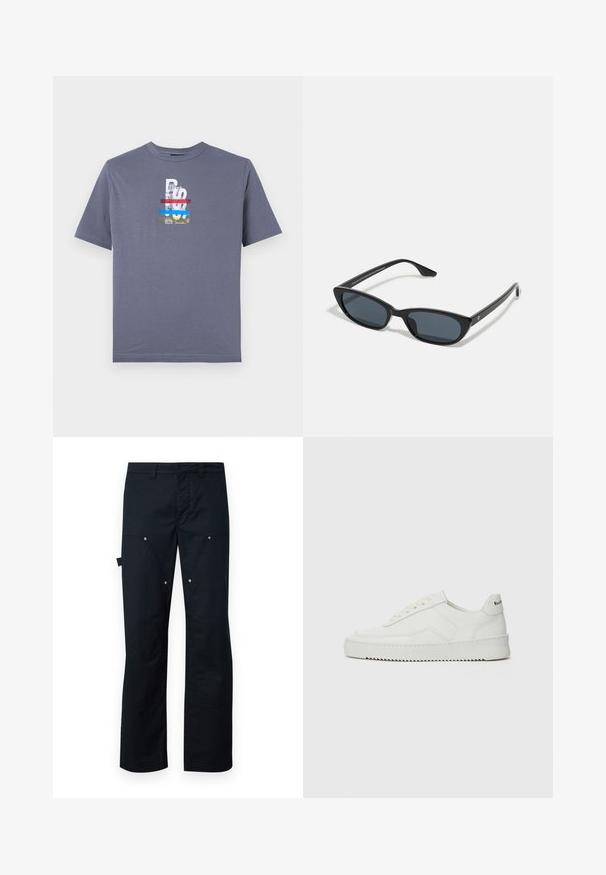 Grå bomulds t-shirt med et flerfarvet grafisk design med tekst og en tigerillustration, rund halsudskæring og korte ærmer.; Sorte cargo bukser lavet af holdbart stof, med lige snit, flere lommer og diskrete sølvfarvede detaljer.; Hvide lædersneakers med en glat overflade, rund tå, flade snørebånd og en tekstureret sål. Har et diskret logo på hælen.; Sorte katteøje solbriller med mørke linser, plastikramme, slanke temple og diskret branding på den indre arm. Mat finish tekstur.