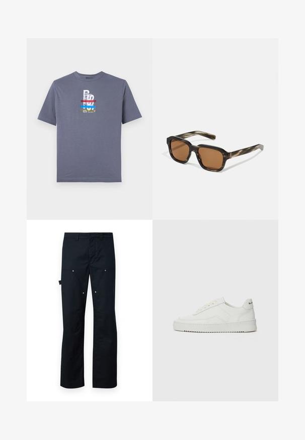 Grå bomulds t-shirt med et flerfarvet grafisk design med tekst og en tigerillustration, rund halsudskæring og korte ærmer.; Sorte cargo bukser lavet af holdbart stof, med lige snit, flere lommer og diskrete sølvfarvede detaljer.; Hvide lædersneakers med en glat overflade, rund tå, flade snørebånd og en tekstureret sål. Har et diskret logo på hælen.; Plastik solbriller med skildpadde mønster, oktagonale brune linser og tynde guldfarvede detaljer på stellet.