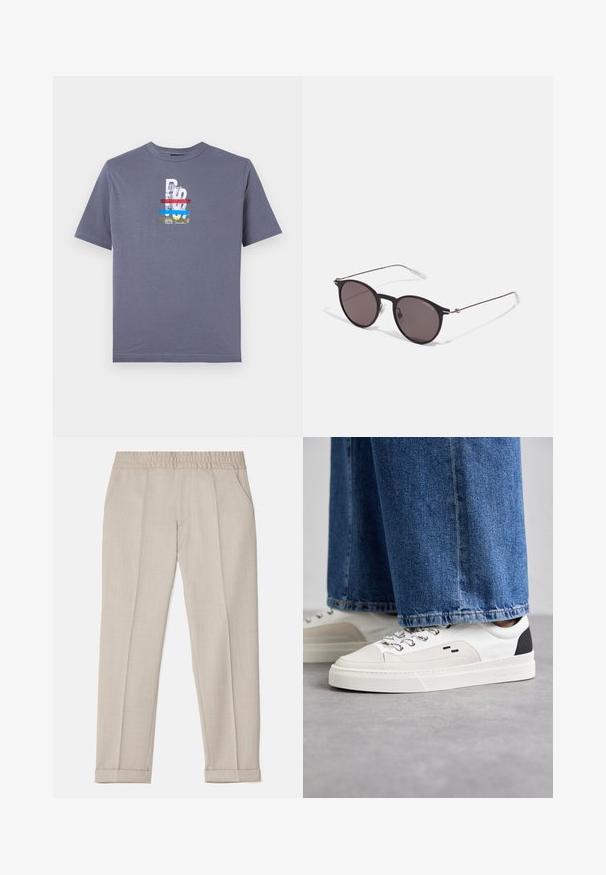 Grå bomull T-skjorte med et flerfarget grafisk design med tekst og en tigerillustrasjon, rund halslinje og korte ermer.; Filippa K TERRY CROPPED TROUSERS - Bukse - sage melange; Hvite og svarte joggesko med en glatt læroverdel, teksturerte detaljer og en kraftig hvit såle. Har en klassisk snøring.; Sorte, runde solbriller med mørke linser og slanke metalarmer. Inkluderer klare temple tips og sølvfargede detaljer ved hengslet. Minimalistisk design.