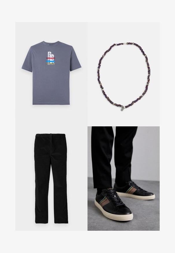 Szary bawełnowy t-shirt z wielokolorowym wzorem graficznym, tekstem i ilustracją tygrysa, okrągłym dekoltem oraz krótkimi rękawami.; Czarne, proste nogawki z welwetu, z elastycznym pasem i sznurkiem do regulacji, prezentowane na jednolitym białym tle.; Czarne skórzane sneakersy z wielokolorowymi paskami, okrągłym noskiem i białą gumową podeszwą, z zapięciem na sznurowadła i wytłoczonym logo.; Wielokolorowy naszyjnik z koralików, składający się z ciemnoniebieskich, czerwonych i żółtych koralików, przeplatanych srebrnymi akcentami oraz zwisającym charms'em.